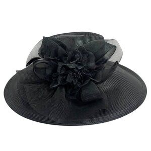 FINE MILLINERY Black Wide Brim Church Derby Hat With Floral Accent + Mesh Bow